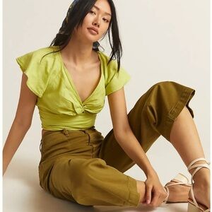 ANTHROPOLOGIE Twist-Front Flutter-Sleeve LINEN BLEND Blouse - SZ XS EUC